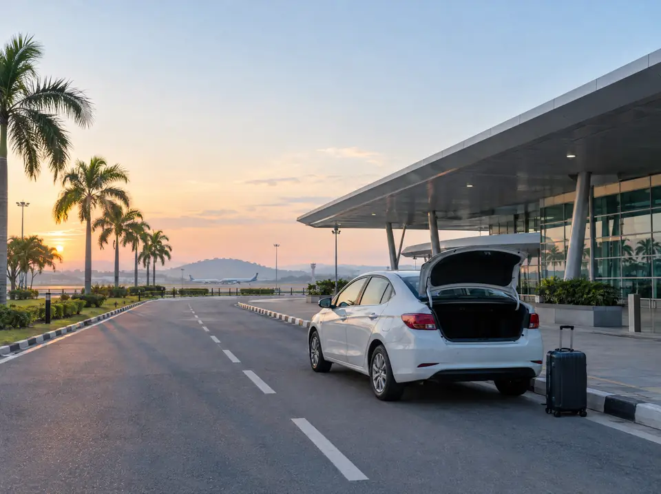 Rental car waiting with its boot open at the Kuantan Airport terminal kerb